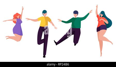 Giovani felice la gente ballare, set di quattro pone. Divertente e anonimi i personaggi dei cartoni animati. Illustrazione di vettore isolato su sfondo bianco Illustrazione Vettoriale