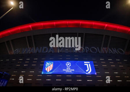 Madrid, Spagna. Xx Febbraio 2019. Wanda Metropolitano Stadium prima dell' inizio della partita di calcio di primo gambe del round di 16 della UEFA Champions League tra Atletico de Madrid e la Juventus FC a Wanda Metropolitano Stadium il 20 febbraio 2019 a Madrid, Spagna. Credito: David Gato/Alamy Live News Foto Stock