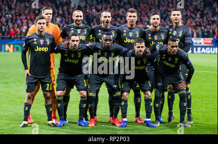 Madrid, Spagna. Xx Febbraio 2019. Il team iniziale della Juventus FC durante la partita di calcio di primo gambe del round di 16 della UEFA Champions League tra Atletico de Madrid e la Juventus FC a Wanda Metropolitano Stadium il 20 febbraio 2019 a Madrid, Spagna. Credito: David Gato/Alamy Live News Foto Stock