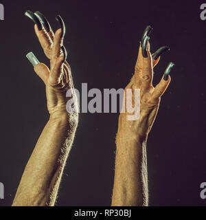 Vecchio mani femminili con unghie lunghe Foto Stock