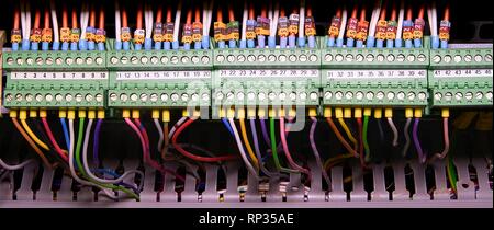 Morsettiere per collegamento elettrico e terminali di messa a terra per la messa a terra nell'armadio di controllo. I fili con i campi Sottotitolo. Foto Stock
