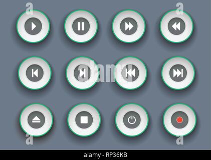 I pulsanti del lettore impostato in carta tagliata stile. Simboli per la riproduzione, arresto, pausa e clip in movimento in avanti e indietro Illustrazione Vettoriale