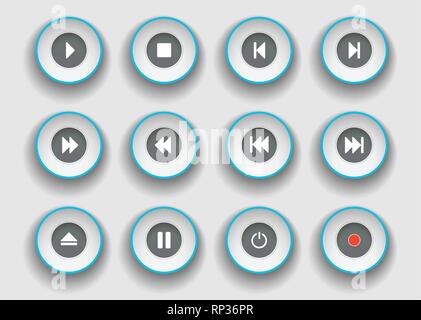 I pulsanti del lettore impostato in carta tagliata stile. Simboli per la riproduzione, arresto, pausa e clip in movimento in avanti e indietro Illustrazione Vettoriale