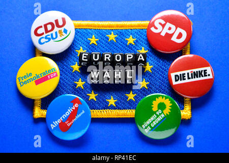 Corsa scelta europea sulla bandiera UE e Anstecker di partiti tedeschi, Europawahl Schriftzug auf UE-Fahne und Anstecker deutscher Parteien Foto Stock