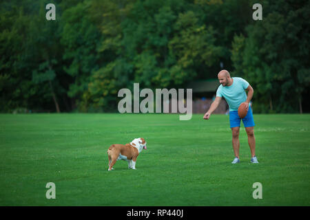 Bel giovane con Bulldog inglese cane all'aperto in città il parco forestale. Un uomo su un prato verde con il cane. Cynologist. Foto Stock