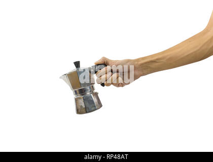 Close-up un man mano azienda moka pot isolati su sfondo bianco. Foto Stock