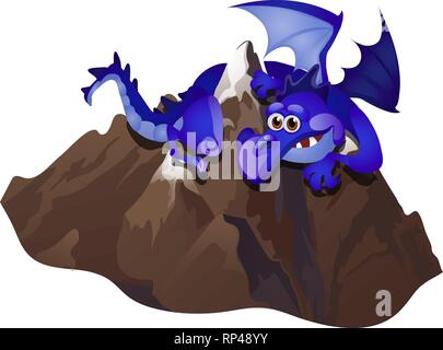 Favoloso Big Blue Dragon abbracciando stone mountain isolati su sfondo bianco. Vector cartoon close-up illustrazione. Illustrazione Vettoriale