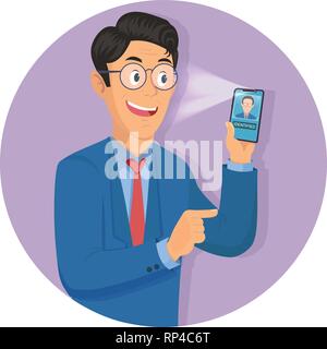 Identificazione del volto di ozio l'uomo. Illustrazione Vettoriale dell'uomo smartphone tiene in mano per ottenere accesso al dispositivo tramite il riconoscimento del volto Illustrazione Vettoriale