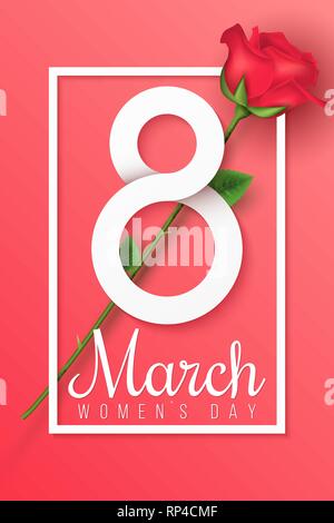 Biglietto di auguri per il 8 marzo. La Giornata internazionale della donna. Numero della carta 8 con testo in cornice e realistico Red Rose fiore. Festosa poster web. Romantico co Illustrazione Vettoriale