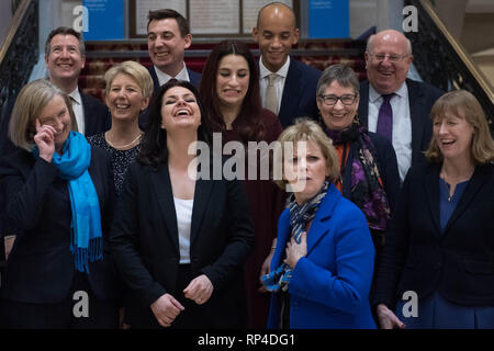 (Fila posteriore sinistra a destra) Chris Leslie, Gavin Shuker, Chuka Umunna e Mike si apre, (fila mediana, da sinistra a destra) Angela Smith, Luciana Berger e Ann Coffey, (prima fila, da sinistra a destra) Sarah Wollaston, Heidi Allen, Anna Soubry e Joan Ryan, in seguito ad una conferenza stampa per il gruppo indipendente dove i tre conservatori MPs, Wollaston, Allen e Soubry, ha annunciato le sue dimissioni dal partito. Foto Stock