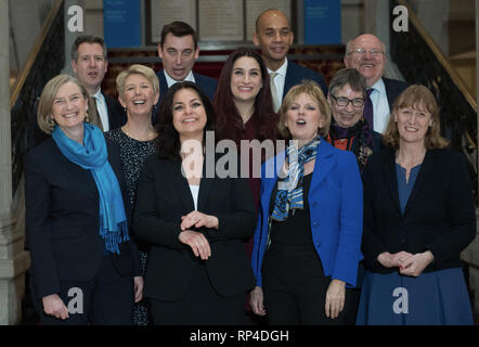 (Fila posteriore sinistra a destra) Chris Leslie, Gavin Shuker, Chuka Umunna e Mike si apre, (fila mediana, da sinistra a destra) Angela Smith, Luciana Berger e Ann Coffey, (prima fila, da sinistra a destra) Sarah Wollaston, Heidi Allen, Anna Soubry e Joan Ryan, in seguito ad una conferenza stampa per il gruppo indipendente dove i tre conservatori MPs, Wollaston, Allen e Soubry, ha annunciato le sue dimissioni dal partito. Foto Stock