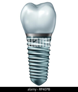 Impianto dentale endosseo o dente di protesi ortodontica abutement a corona e vite di metallo isolato su uno sfondo bianco come un ortodontista. Foto Stock