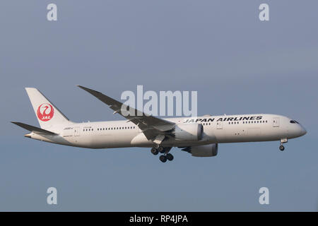 JA861J Boeing 787 Dreamliner della JAL Japan Airlines in atterraggio a Francoforte Aeroporto 07/02/2018 Foto Stock