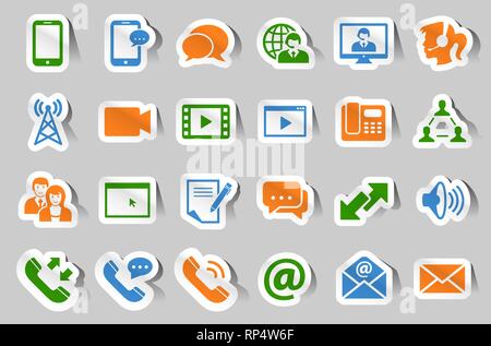 Raccolta di 24 di comunicazione diverse icone di adesivo Illustrazione Vettoriale