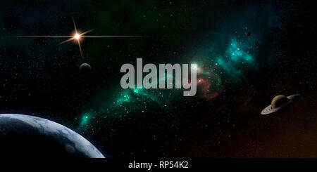 Lo spazio esterno scena di un immaginario sistema solare galaxy con i pianeti e stelle di campo e nebulosa. Illustrazione originale concetto illustrazione. Foto Stock