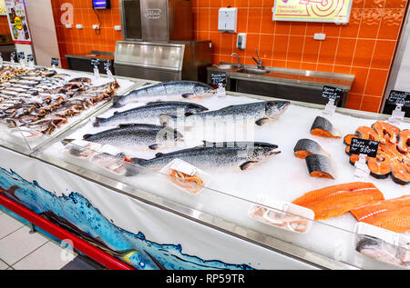 Samara, Russia - 09 Maggio 2017: Salmone Pesce sono congelati con ghiaccio per la vendita nel supermercato della catena Foto Stock