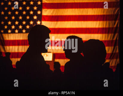 A profilarsi il presidente Bill Clinton (sinistra) parla con noi il senatore Sam Nunn (D-GA). Nunn è presidente del senato potente Comitato delle Forze Armate. Una grande bandiera americana si blocca in background. Foto Stock