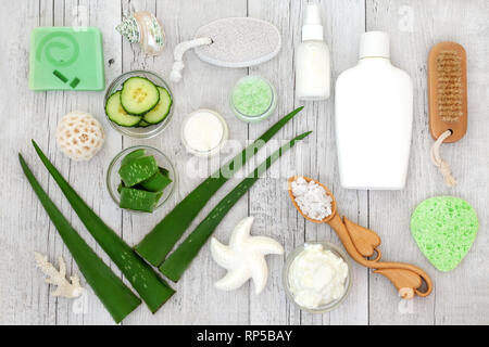 Aloe vera skin care compresi steli di piante, cetriolo, yogurt, crema idratante, crema per il viso, lozione per il corpo e ex foliating scrub al sale. Foto Stock
