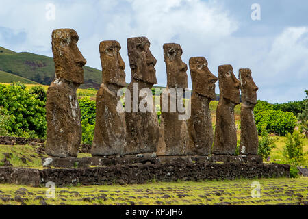 Moais a Ahu Akivi, Isola di Pasqua, Cile Foto Stock