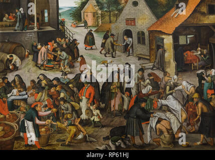 Pittura 'Sanche atti di misericordia' olandese da pittore rinascimentale Pieter Bruegel il giovane (1600-1605) in mostra al Museo Nazionale di Arte Antica (Museu Nacional de Arte Antiga) a Lisbona, Portogallo. Foto Stock