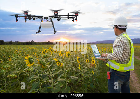 Il tecnico agricoltore usa wifi il controllo del computer agricoltura drone sul campo di girasole, Smart farm concept Foto Stock