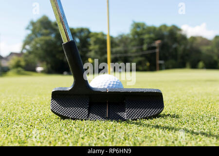 Vista ravvicinata di un golf putting club con un bianco pallina da golf di fronte ad esso il rivestimento fino a mettere verso la bandiera gialla pin. Foto Stock