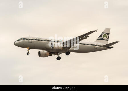 Aer Lingus Irish International Airbus A320 EI-DVM retrò schemed aereo jet aereo atterraggio all'Aeroporto Heathrow di Londra, Regno Unito, in caso di cattivo tempo. Foto Stock