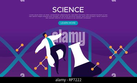 Science web landing page modello con uomo scienziato e chimica pallone in appartamento moderno in stile cartoon per l educazione scientifica concetto. Illustrazione Vettoriale