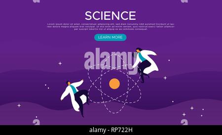 Science web landing page modello di scienziato con l uomo e la donna nello spazio. Appartamento moderno in stile cartoon per l educazione scientifica concetto. Illustrazione Vettoriale