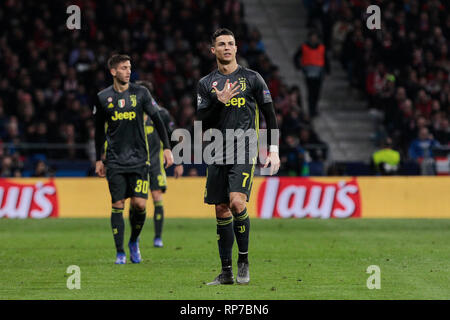 La Juventus' Cristiano Ronaldo visto durante la UEFA Champions League, Round di 16, 1° gamba tra Atlético de Madrid e la Juventus a Wanda Metropolitano Stadium di Madrid, Spagna. Foto Stock