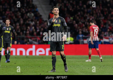 La Juventus' Cristiano Ronaldo visto durante la UEFA Champions League, Round di 16, 1° gamba tra Atlético de Madrid e la Juventus a Wanda Metropolitano Stadium di Madrid, Spagna. Foto Stock