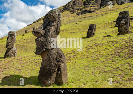 Moais a Rano Raraku, Isola di Pasqua, Cile Foto Stock