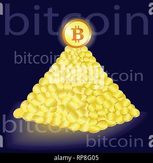 Il simbolo Bitcoin. Piramide delle monete d'oro . Blu . L'iscrizione Bitcoin . Il concetto di criptovaluta. Vettore. Illustrazione Vettoriale