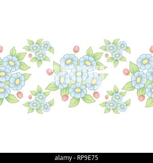 Seamless floral pattern orizzontale con daisy fiori isolati su sfondo bianco Illustrazione Vettoriale