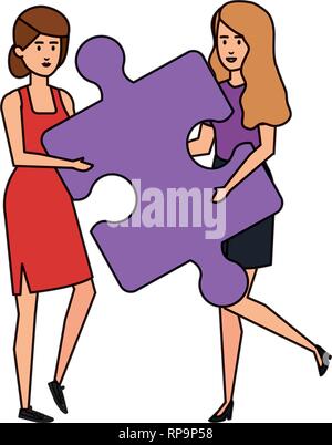 Giovane ragazze puzzle di sollevamento pezzo gioco illustrazione vettoriale design Illustrazione Vettoriale