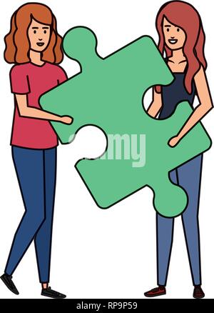 Giovane ragazze puzzle di sollevamento pezzo gioco illustrazione vettoriale design Illustrazione Vettoriale