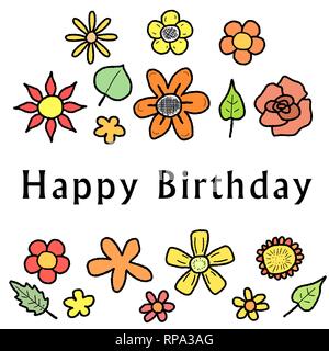 Buon compleanno - biglietto di auguri con colorati doodle fiori. Holiday celebrazione. Illustrazione Vettoriale