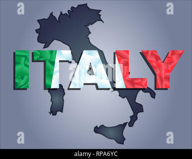 I contorni del territorio dell'Italia nei colori grigio e la parola Italia nei colori della bandiera oficial, bianco, rosso e verde Foto Stock