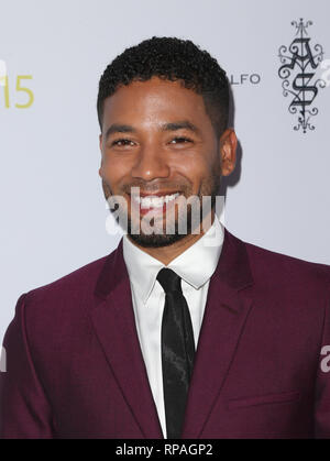 ***FILE FOTO*** Jussie Smollett arrestati per il crimine condotta disordinata per il deposito di un falso rapporto di polizia. Los Angeles, CA - Agosto 08 Jussie Smollett frequentando HollyRod Foundation al XVII DesignCare annuale di Gala presso la partita Studios su agosto 08, 2015. Photo credit: Faye Sadou/MediaPunch Foto Stock