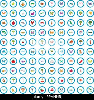 100 Biologia set di icone, stile cartoon Illustrazione Vettoriale