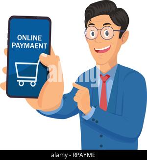 Imprenditore azienda smart phone e mostra lo schermo con il pagamento on-line Illustrazione Vettoriale