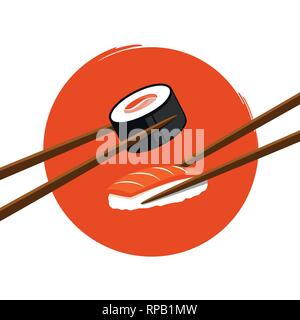 Tenendo il sushi con salmone con bacchette su un cerchio sfondo arancione illustrazione vettoriale EPS10 Illustrazione Vettoriale