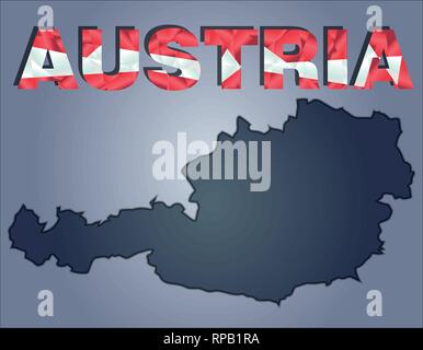 I contorni del territorio dell'Austria nei colori grigio e word Austria nei colori della bandiera oficial, rosso e bianco Illustrazione Vettoriale
