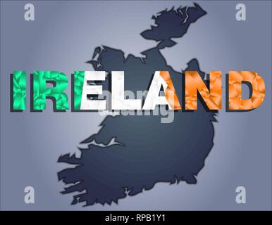 I contorni del territorio dell' Irlanda nei colori grigio e la parola Irlanda nei colori della bandiera oficial, verde, bianco e arancione Illustrazione Vettoriale