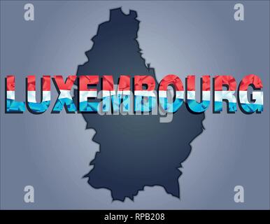 I contorni del territorio del Lussemburgo in sfumature di grigio e parola Lussemburgo nei colori della bandiera oficial, rosso, bianco e blu Illustrazione Vettoriale