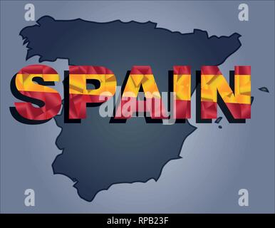 I contorni del territorio della Spagna nei colori grigio e la parola Spagna nei colori della bandiera oficial, giallo e rosso Illustrazione Vettoriale