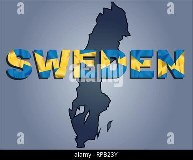 I contorni del territorio della Svezia in sfumature di grigio e parola Svezia nei colori della bandiera oficial, giallo e blu Illustrazione Vettoriale