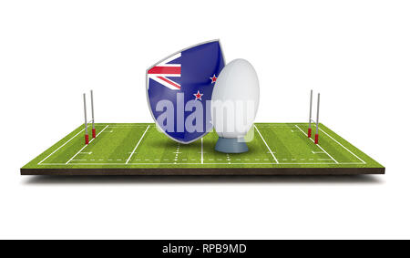 Nuova Zelanda rugby shield icona bandiera con palla da rugby. 3D Render Foto Stock