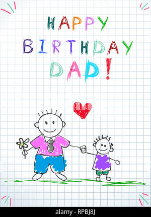 Buon compleanno a papà. Bambini colorati disegnati a mano illustrazione del padre e figlio insieme detengono fiori, cuore tra. Taccuino a quadretti del foglio di carta. Foto Stock