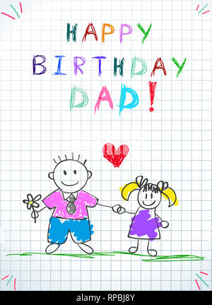 Buon compleanno a papà. Bambini colorati disegnati a mano illustrazione del padre e figlia insieme detengono fiori, cuore tra. Taccuino a quadretti del foglio P Foto Stock